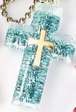 KEYCHAIN - 'Glory of God' SKY BLUE GLITTER CROSS key chain K72AA-B (Psalm 19:1)