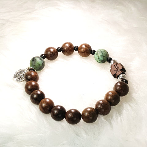 BRACELET - 'HOLY PRESENCE' HANDCRAFTED WOOD BEADS ROSARY BRACELET c/w MIRACULOUS MEDAL BB78