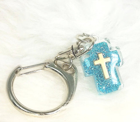 Key Chain -  'Light of the world' miniature BLUE GLITTER CROSS key chain K117B-AA (Genesis 1:3)