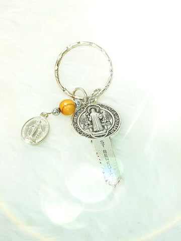 KEYCHAIN - 'VICTORY' ST BENEDICT MEDAL + MIRACULOUS MEDAL + OLIVE WOOD BEAD KEYCHAIN K161