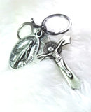 KEYCHAIN - 'MAGNIFICENT' BRONZE OR A-SILVER MIRACULOUS MEDAL+ST BENEDICT CRUCIFIX KEYCHAIN K182(B) / K181(S)