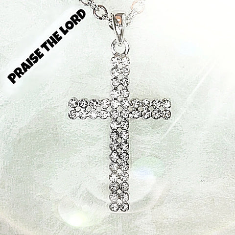 Necklaces - 'Praise The LORD' CZ GEMSTONES CROSS pendant necklace N495 (Psalm 117:1)
