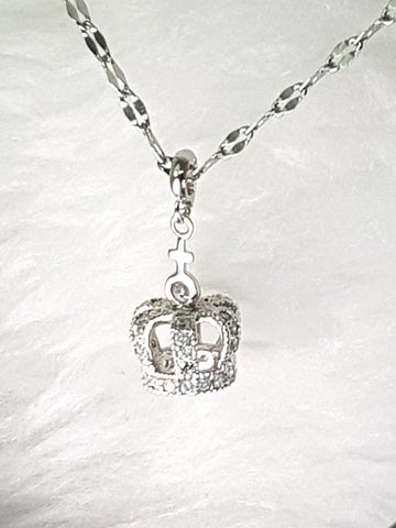 NECKLACE -'GOD IS KING' CZ RHODIUM-PL CROWN PENDANT & S/STEEL CHAIN N575 (PSALM 145:1)