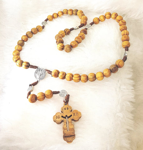 ROSARY - 'HAIL MARY' 5-DECADE WOOD BEADS/ST BENEDICT MEDALS/CRUCIFIX MADE IN JERUSALEM RS16