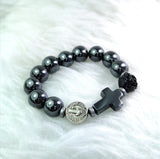 ROSARY - "PRAYERFUL" HANDCRAFTED HEMATITE / STONE / CRYSTAL + ROSE BEADS POCKET ROSARY (ST BEN MEDAL&CROSS) RS22