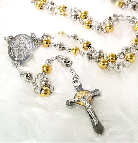 ROSARY - 'DEVOTION TO GOD' Stainless Steel SILVER&GOLD ROSARY C/W MIRACULOUS MEDAL & ST BENEDICT CRUCIFIX RS27