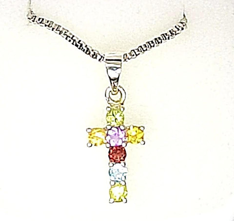 NECKLACE - 'JOY OF THE LORD' ST/SILVER+COLOR GEMSTONES CROSS PENDANT(S/S CHAIN) S97 (NEH 8:10)