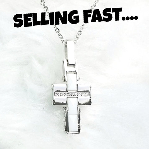 Necklace - 'TREASURE' Stainless Steel CZ White Ceramic CROSS pendant necklace SSB167 (Matthew 6:21)