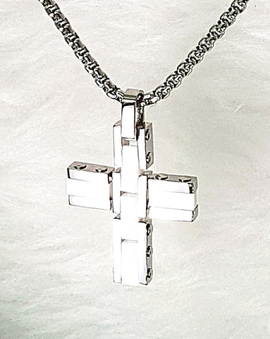 NECKLACE - 'ROYAL PRIESTHOOD' STAINLESS STEEL & WHITE CERAMIC CROSS NECKLACE SSB182 (1 PETER 2:9a)