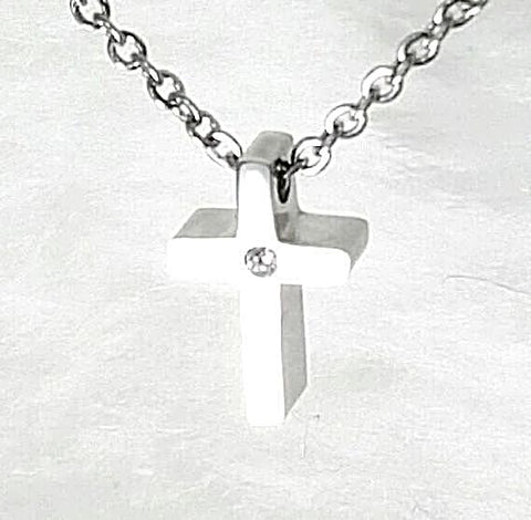 NECKLACE - 'GREAT IS THE LORD' CZ STAINLESS STEEL CROSS PENDANT NECKLACE SSB227 (PSALM 48:1)