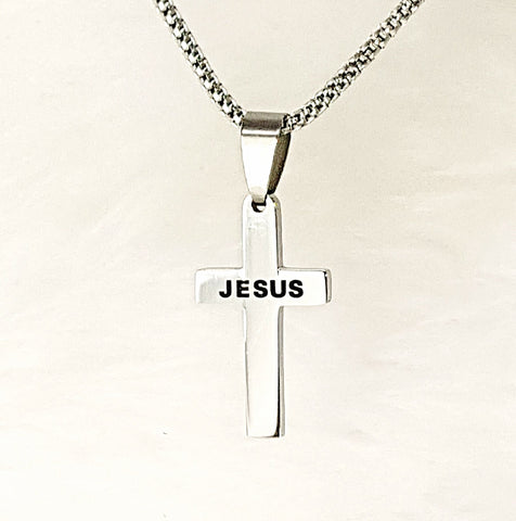 NECKLACE - 'JESUS CHRIST' STAINLESS STEEL JESUS + CROSS PENDANT NECKLACE SSB239 (HEBREWS 13:8)