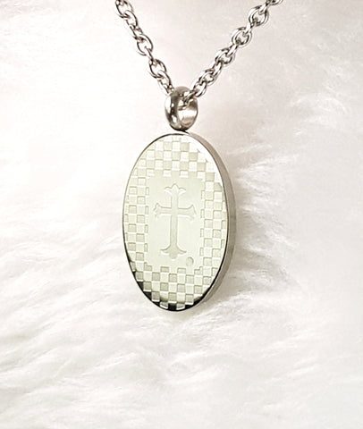 NECKLACE - 'CREATOR OF HEAVEN & EARTH' STAINLESS STEEL OVAL PENDANT c/w ETCHED CROSS  NECKLACE SSB326