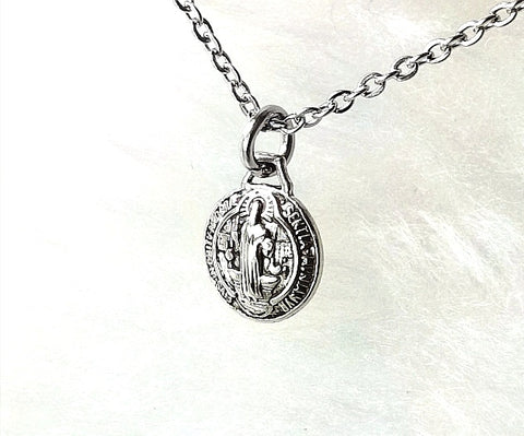 NECKLACE- 'BE MY LIGHT' ANTIQUE SILVER-PL ST BENEDICT MEDAL & STAINLESS STEEL CHAIN SSB330