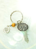 KEYCHAIN - 'VICTORY' ST BENEDICT MEDAL + MIRACULOUS MEDAL + OLIVE WOOD BEAD KEYCHAIN K161